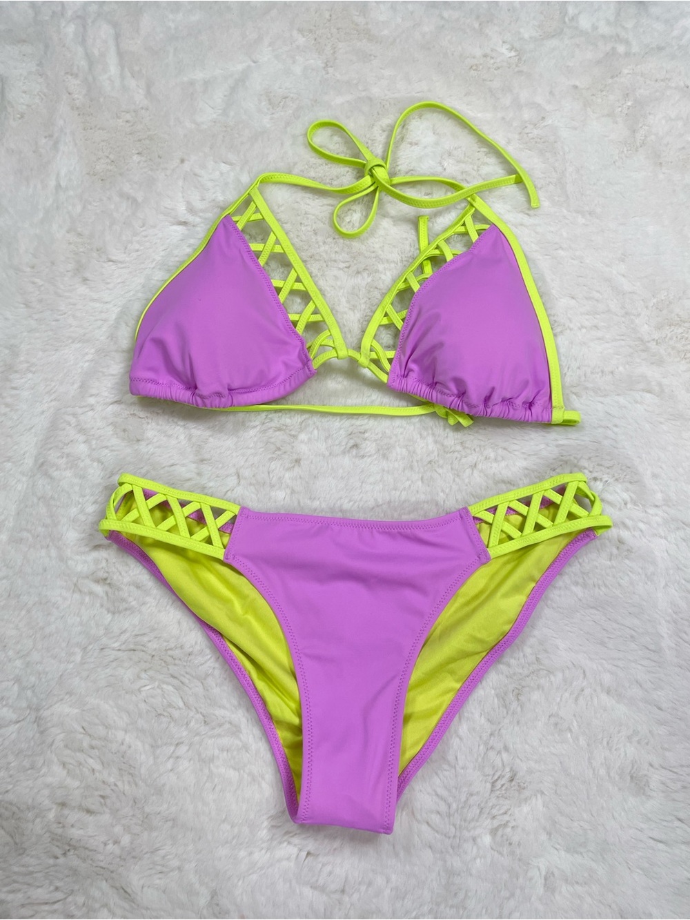 NWOT Victoria's Secret Neon Yellow & Purple Bikini Top Sz. Large, bottom Sz. M